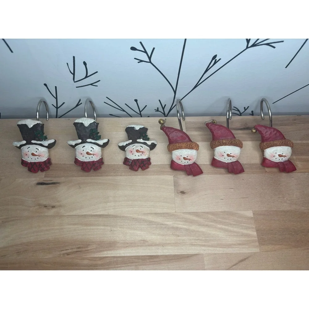 Vintage Snowman Shower Curtain Hooks Set of 12 Christmas Holiday Resin Decor
